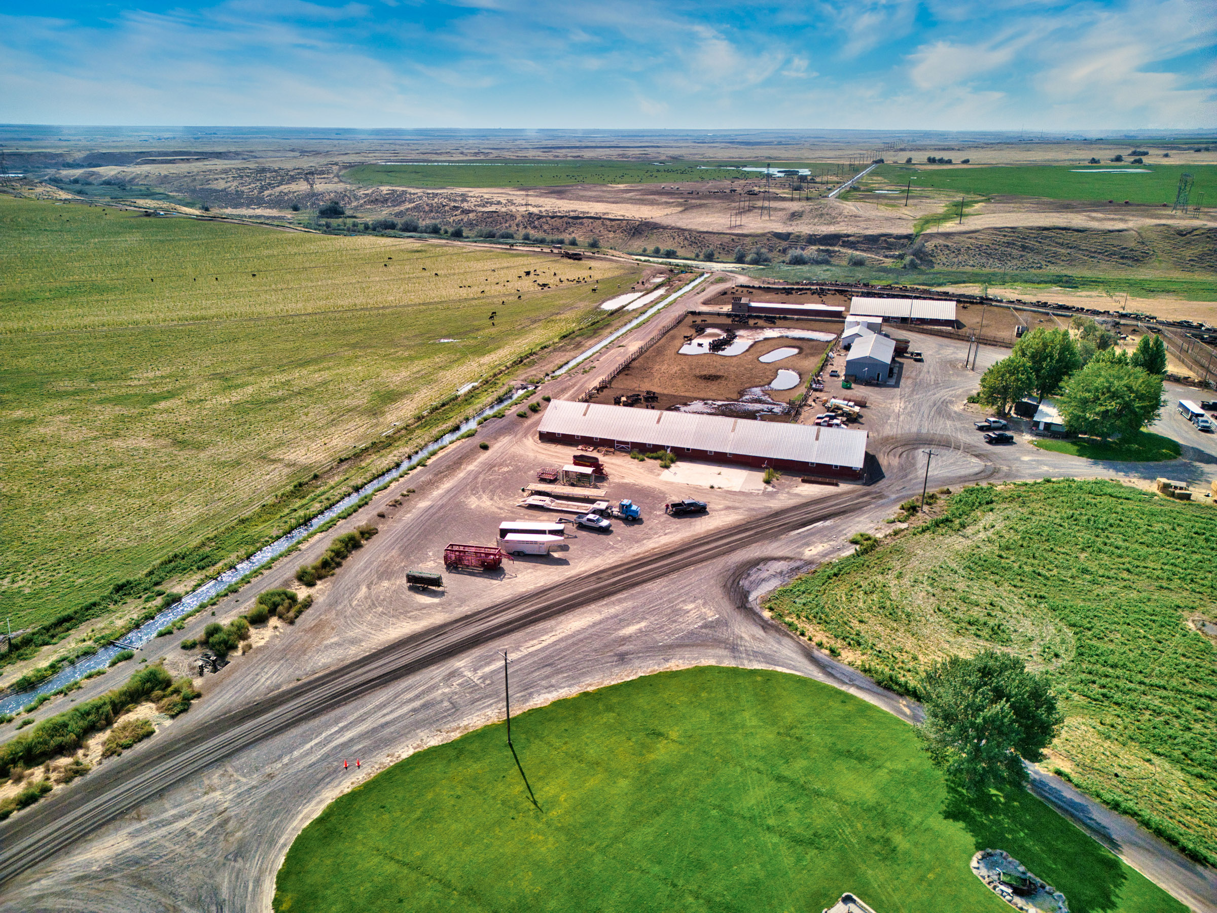 Aerial view of ranch buildings and feedlot